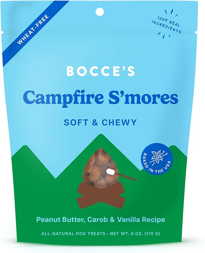 Bocce's Bakery Campfire S'Mores Treats for Dogs, Wheat-Free Everyday Dog Treats, Made with Real Ingredients, Baked in The USA, All-Natural Soft & Chewy Cookies, Peanut Butter, Carob, & Vanilla, 6 oz - PAWPICO