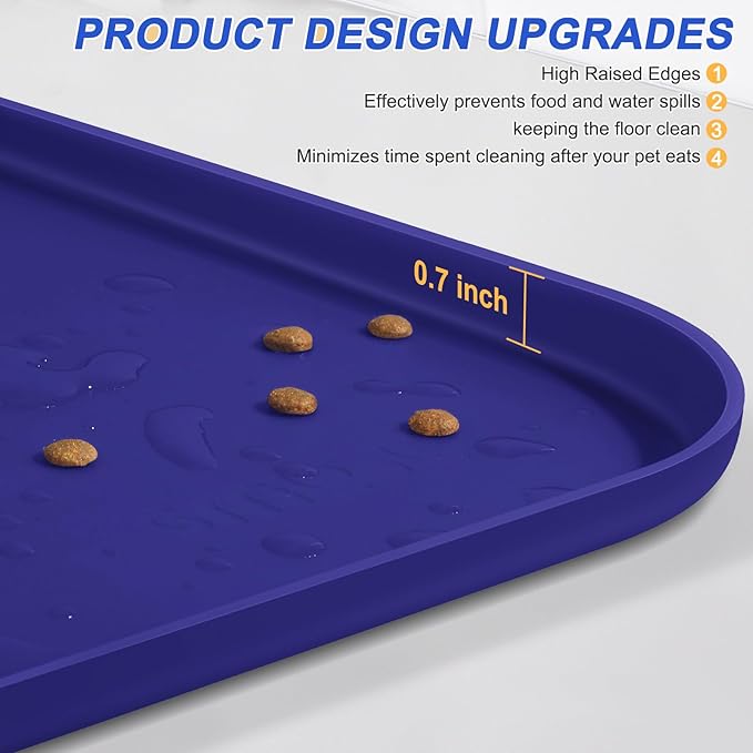 Silicone Pet Feeding Mat with Raised Edge, Dog Cat Bowl Mats for Food and Water, Pet Placemat for Floors Waterproof, 19” x 12” x 0.7” Navy Blue - PAWPICO