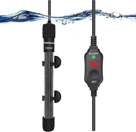 YukiHalu Small Submersible Aquarium Heater, Adjustable Mini Fish Tank Heater 25W 50W 100W 200W 300W with External Temperature Controller, LED Display, Used for 5/10/20/40/60 Gallons (100 Watts) YukiHalu