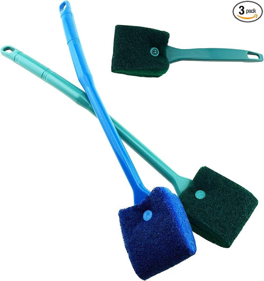 3 PCS Double-Sided Aquarium Fish Tank Algae Cleaning Brush with Non-Slip Handle, Sponge Scrubber Cleaner for Glass Aquariums and Home Kitchen AOODOOM