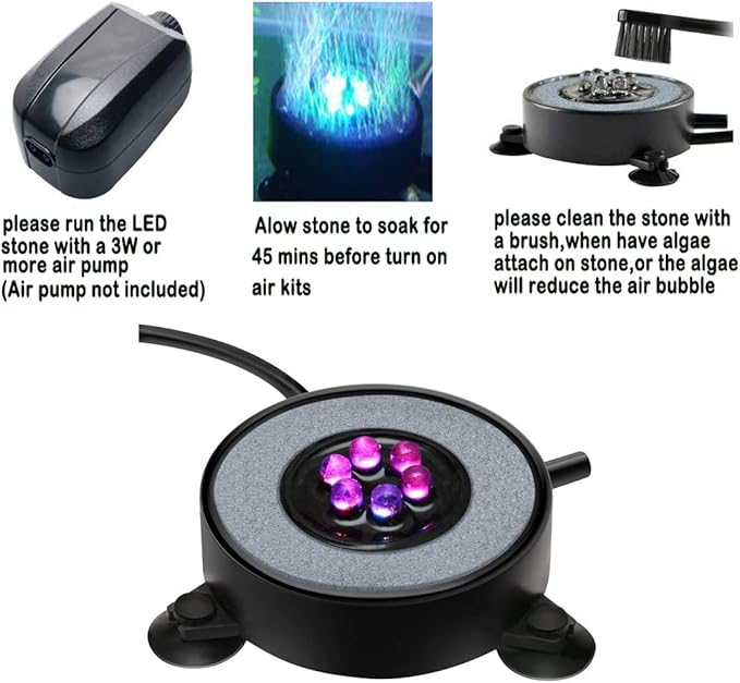 LED Aquarium Air Stones Fish Tank Bubbler Light Air Stone Diffuser Decor Lamp with Sucker Colorful Backgound Lighting (2.2inch Light Disk(No Remote)) JackSuperAquariumPetsFocus