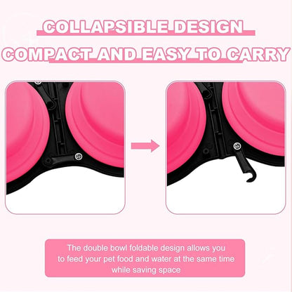 Collapsible Silicone Cat and Dog Travel Bowls,2 in 1 Foldable Pet Feeding and Watering Dish for Walking Camping Hiking with Carabiner (Rose Red) - PAWPICO