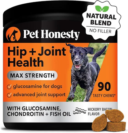 Pet Honesty Hip & Joint Health Max Strength - Natural Joint Supplement for Dogs Chews - Glucosamine, Omega-3s, Chondroitin, Green Lipped Mussel - Help Improve Mobility, May Reduce Discomfort (90 ct) PetHonesty