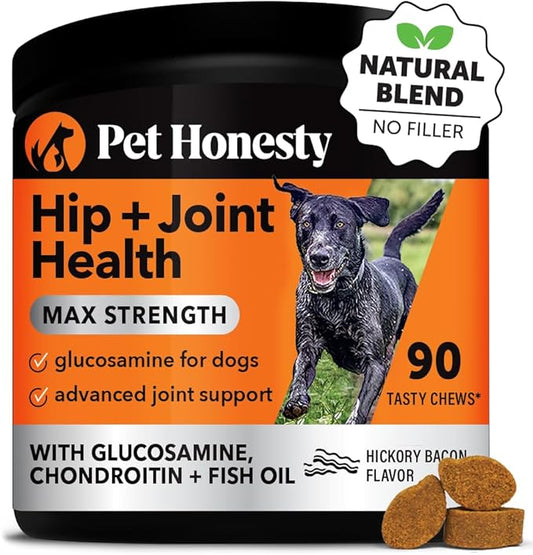 Pet Honesty Hip & Joint Health Max Strength - Natural Joint Supplement for Dogs Chews - Glucosamine, Omega-3s, Chondroitin, Green Lipped Mussel - Help Improve Mobility, May Reduce Discomfort (90 ct) PetHonesty