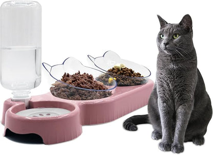 Triple Cat Bowls,15°Tilt 3-in-1 Water Feeder Bowls Cat Double Food Bowls with Automatic Water Bottle Bowl, Whisker Friendly Wet and Dry Cat Elevated Feeding Dishes for Small Cat and Puppy (Pink) - PAWPICO