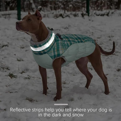 FUAMEY Dog Winter Coat,Dog Jackets with Harness Built in Dog Cold Weather Coats Dog Paded Vest Dog Apparel with Zipper on Back Pet Reflective Clothes for Small Medium Large Dogs Green Plaid S - PAWPICO