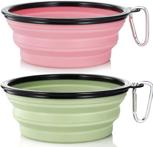 Dog Bowl Pet Collapsible Bowls, 2 Pack Collapsible Dog Water Bowls for Cats Dogs, Portable Pet Feeding Watering Dish for Walking Parking Traveling with 2 Carabiners (Large, Fairy Pink & Sprout Green) - PAWPICO