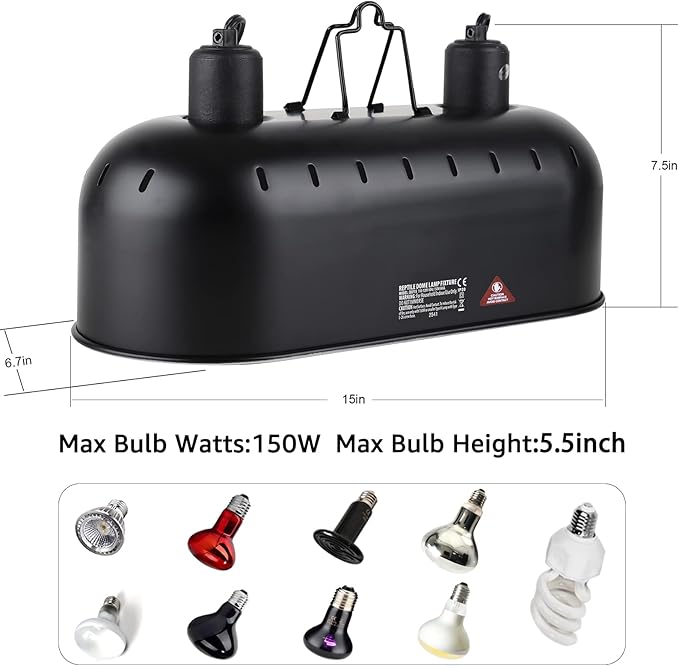 15inch Dual Reptile Light Fixture, Max 150W Reptile Heat Lamp Fixture with 2PCS 150W Ceramic Heat Emitter, Double Dome UVB Reptile Light Fixture for Reptile Terrarium and Tortoise Habitat DXOPHIEX