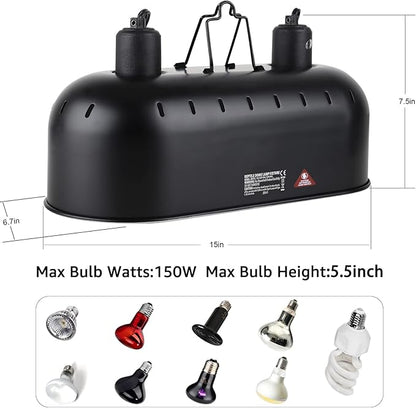 15inch Dual Reptile Light Fixture, Max 150W Reptile Heat Lamp Fixture with 2PCS 150W Ceramic Heat Emitter, Double Dome UVB Reptile Light Fixture for Reptile Terrarium and Tortoise Habitat DXOPHIEX