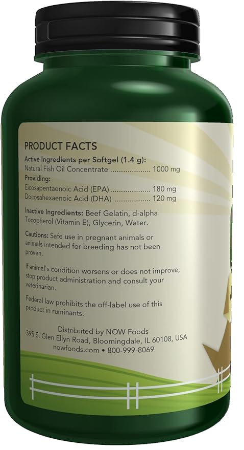 NOW Foods Pet Health, Omega 3 Supplement, Formulated for Cats & Dogs, NASC Certified, 180 Softgels NOW