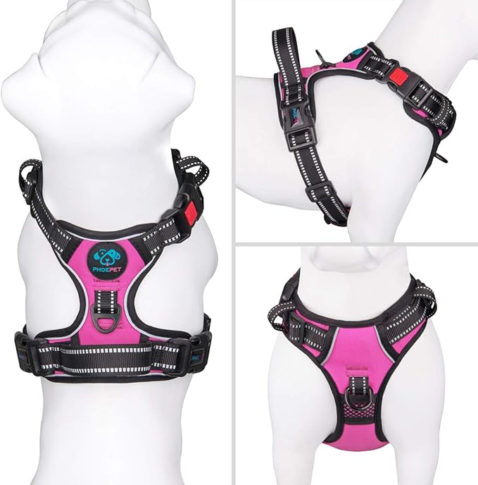 PHOEPET No Pull Dog Harnesses for Small Dogs Reflective Adjustable Front Clip Vest with Handle 2 Metal Rings 3 Buckles [Easy to Put on & Take Off](XS, Pink) PHOEPET