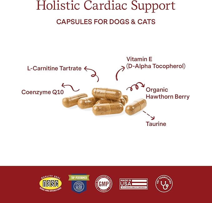 Fera Pets Cardiac Supplement for Dogs & Cats – 120 Capsules - Vet Created -Cardiovascular Function & Strength-Taurine, CoQ10, Organic Hawthorne Berry FeraPets