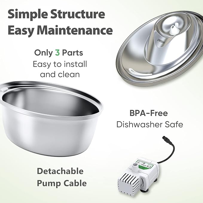 ORSDA Cat Water Fountain Stainless Steel, 3L Automatic Pet Drinking Fountain for Cats Inside, Dog Water Dispenser with Adjustable Water Flow and 6 Replacement Filters for Cats, Dogs - PAWPICO