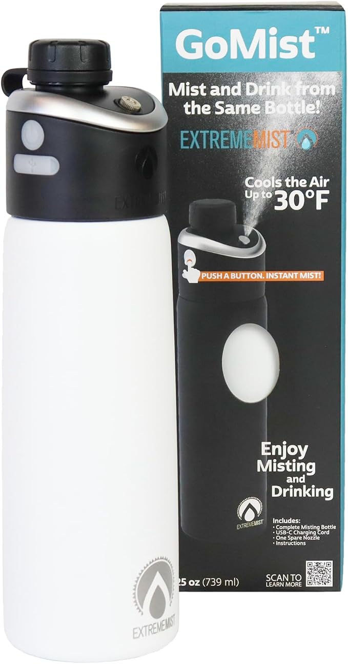 ExtremeMIST - GoMist Misting & Drinking Bottle - Personal Mister - Cooling Water Bottle with Easy-Drink Spout - Stainless-Steel Double Wall Insulation - Portable Mist Bottle - Polar White, 25 oz/750ml ExtremeMist