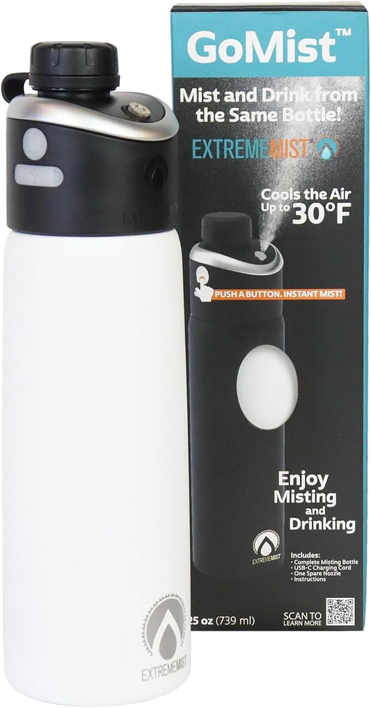ExtremeMIST - GoMist Misting & Drinking Bottle - Personal Mister - Cooling Water Bottle with Easy-Drink Spout - Stainless-Steel Double Wall Insulation - Portable Mist Bottle - Polar White, 25 oz/750ml ExtremeMist