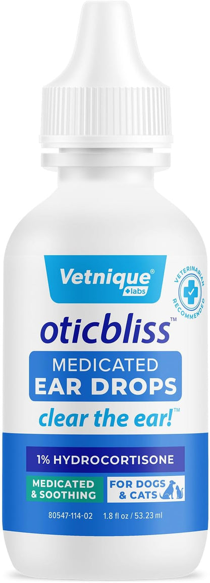 Vetnique Oticbliss Medicated Cat & Dog Ear Cleaner Drops - Dog Ear Infection Treatment with 1% Hydrocortisone to Soothe Itching, Redness, & Swelling - Vet Recommended VetniqueLabs
