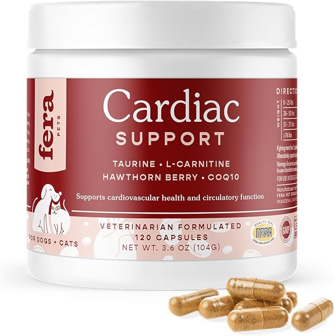 Fera Pets Cardiac Supplement for Dogs & Cats – 120 Capsules - Vet Created -Cardiovascular Function & Strength-Taurine, CoQ10, Organic Hawthorne Berry FeraPets