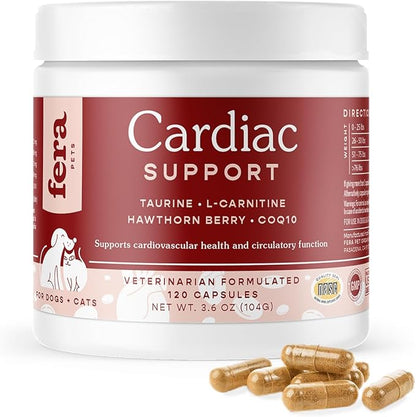 Fera Pets Cardiac Supplement for Dogs & Cats – 120 Capsules - Vet Created -Cardiovascular Function & Strength-Taurine, CoQ10, Organic Hawthorne Berry FeraPets