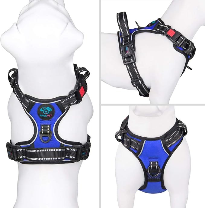 PHOEPET No Pull Dog Harness Medium Reflective Front Clip Vest with Handle,Adjustable 2 Metal Rings 3 Buckles,[Easy to Put on & Take Off](XS, Royal Blue) PHOEPET