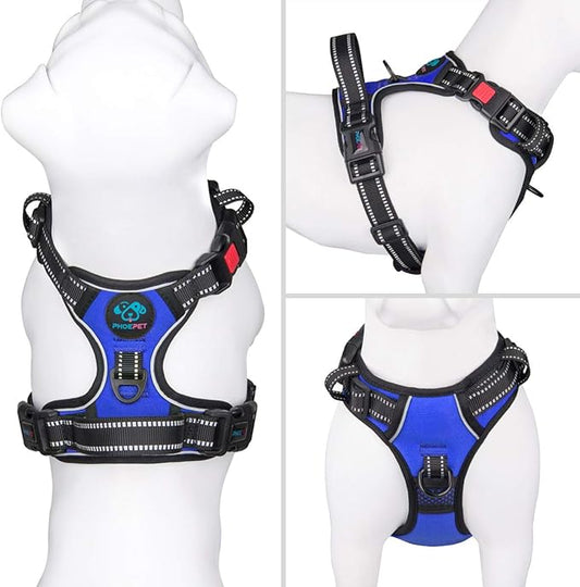 PHOEPET No Pull Dog Harness Medium Reflective Front Clip Vest with Handle,Adjustable 2 Metal Rings 3 Buckles,[Easy to Put on & Take Off](XS, Royal Blue) PHOEPET