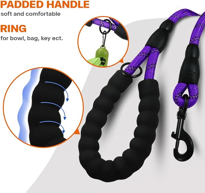 Taglory Rope Dog Leash 5 FT with Comfortable Padded Handle, Highly Reflective Threads Leash for Medium Large Dogs, 1/2 inch, Purple Taglory