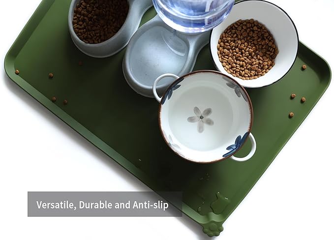 Hoki Found X-Large Silicone Pet Food Mats Tray - Non Slip Pet Dog Cat Bowl Mats Placemat - Dog Pet Cat Feeding Mat - Waterproof Dog Cat Food Mats -Pet Water Mats for Carpet -Dark Olive - PAWPICO