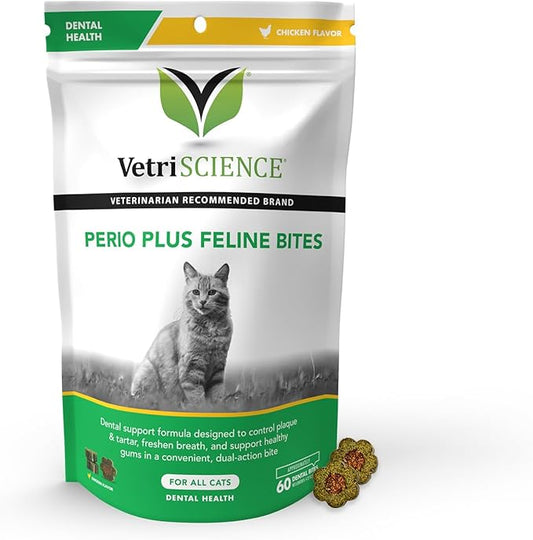 VetriScience Perio Plus Cat Teeth Cleaning Bites - Advanced Cat Breath Freshener - Dual Action Cat Dental Care Formula for Plaque Control & Fresh Breath, 60 Chews, Chicken Flavor VetriScienceLaboratories