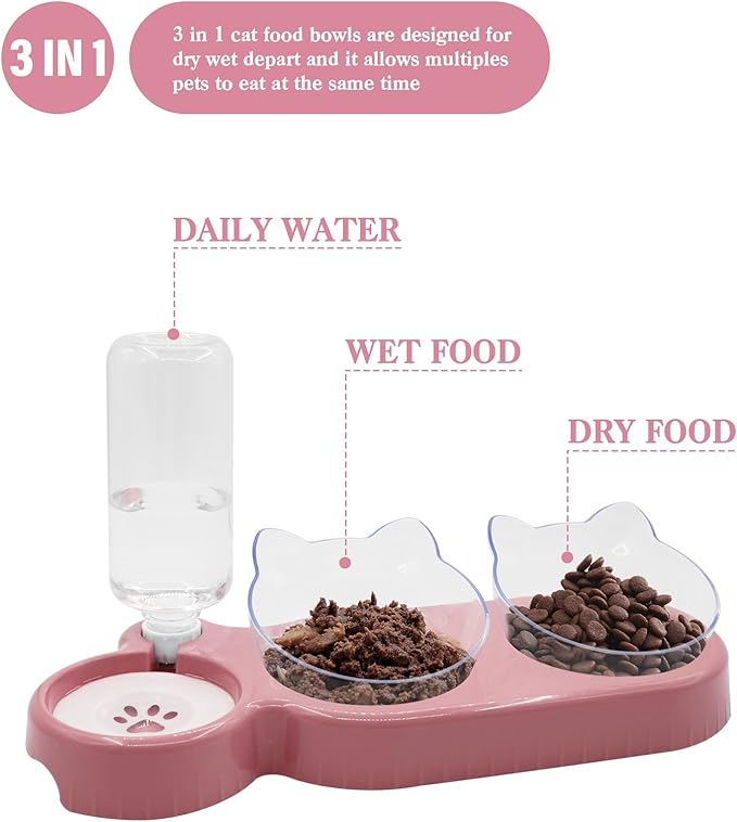Triple Cat Bowls,15°Tilt 3-in-1 Water Feeder Bowls Cat Double Food Bowls with Automatic Water Bottle Bowl, Whisker Friendly Wet and Dry Cat Elevated Feeding Dishes for Small Cat and Puppy (Pink) - PAWPICO