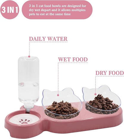Triple Cat Bowls,15°Tilt 3-in-1 Water Feeder Bowls Cat Double Food Bowls with Automatic Water Bottle Bowl, Whisker Friendly Wet and Dry Cat Elevated Feeding Dishes for Small Cat and Puppy (Pink) - PAWPICO