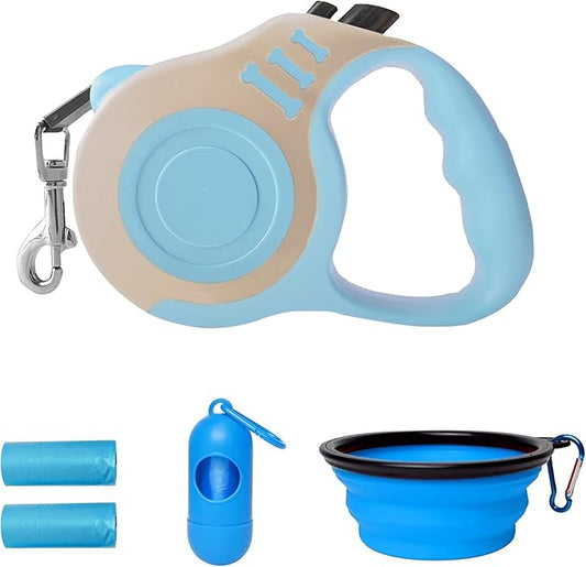Retractable Dog Leash Automatic Telescopic Tractor Dog Tape, Pet Tape 10/16 FT Durable and Convenient, with Folding Bowl, Dispenser, Rubbish Bags, Suitable for Small and Medium Dogs LIEVUIKEN