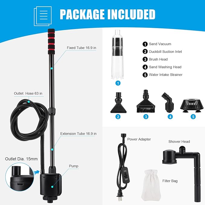 AQQA Aquarium Gravel Cleaner, 6-in-1 Electric Fish Tanks Gravel Vacuum Cleaner Set for Remove Dirt, Change Water, Wash Sand, Water Shower, Water Circulation (20W, 320GPH) AQQA