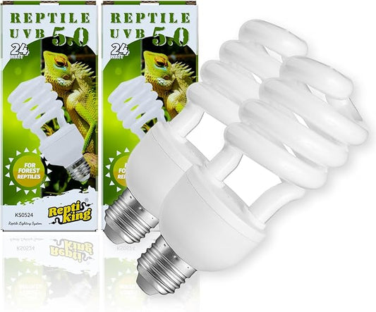 UVB Reptile Light, 2-Pack UVB5.0 24W Bulbs, UVA UVB Reptile Light Bulb Lamp for Chameleon,Turtle,Gecko,Lizard, UV Bulbs for Tropical Reptiles ReptiKing