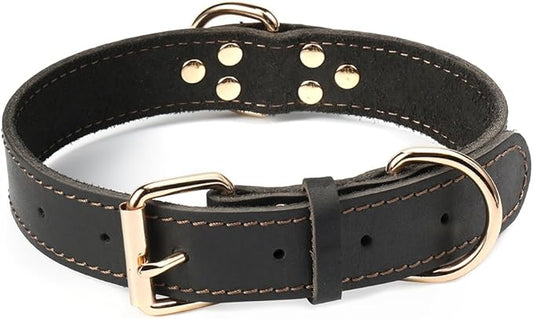 Genuine Leather Dog Collar, Heavy Duty Dog Collar, Wide Dog Collar for Small Dog, Medium Dog, Large Dog and Extra Large Dog (XL: 1.4" Wide for 18.6"-25.8" Neck, Single Stitch - Black) DAIHAQIKO