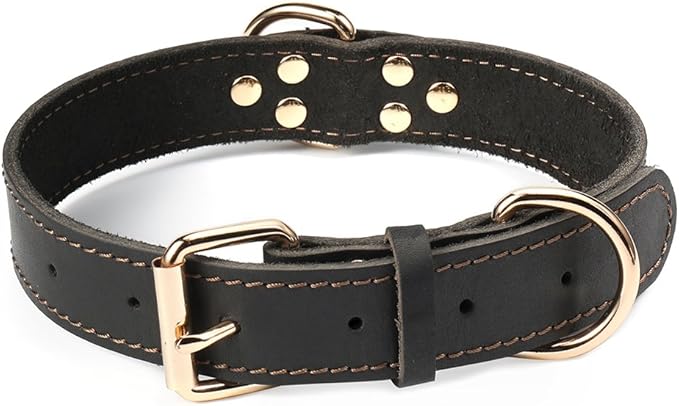 Genuine Leather Dog Collar, Heavy Duty Dog Collar, Wide Dog Collar for Small Dog, Medium Dog, Large Dog and Extra Large Dog (L: 1.2" Wide for 16.2"-22" Neck, Single Stitch - Black) DAIHAQIKO