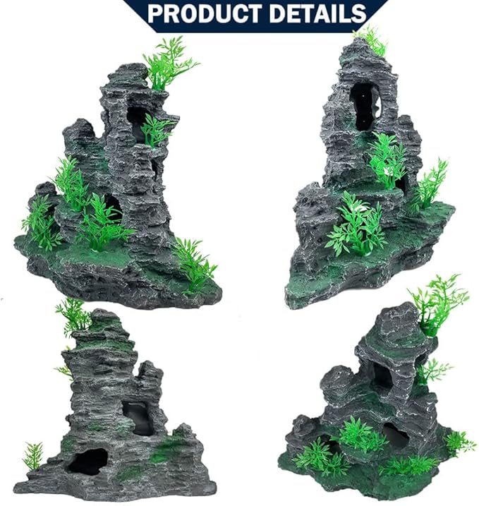 Aquarium Decoration Large and Tall for Fish Tank Rock Thematic Ornaments Aquarium Mountain View Stone Ornaments Aquarium Decor Tree House Cave Fish Tank Decorations - Large VMCN