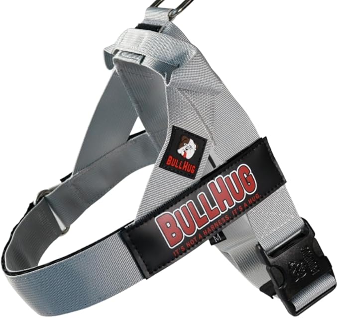 BULLHUG Harness – Made for Larger Chested Dogs Like English Bulldogs, French Bulldogs, Pugs & More. Stops Dogs from Pulling & Choking on Walks (Silver, XL) BULLHUG