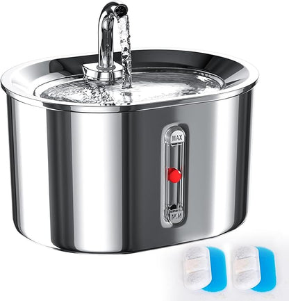 Joric Cat Water Fountain Stainless Steel, 2.5L/85oz Automatic Cat Water Dispenser with Water Level,Water Fountains for Cats Indoor,Super Silent Suitable for Multiple Pets, 2 Pack Filter Replacement - PAWPICO