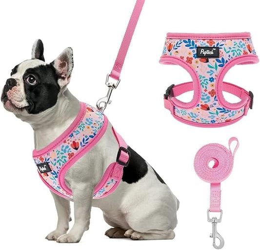 PUPTECK Soft Mesh Dog Harness and Leash Set Pet Puppy Cat Comfort Padded Vest No Pull Harnesses, Pink Floral, S PUPTECK