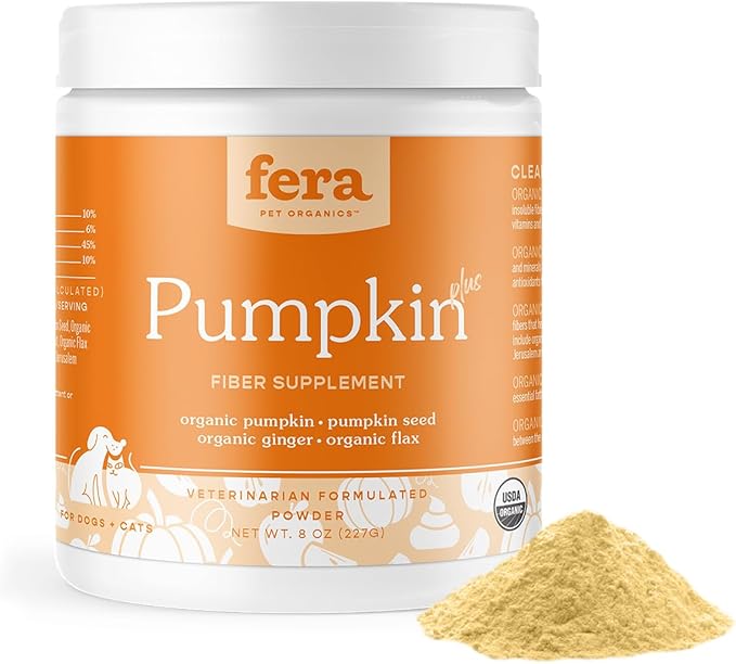 Fera Pet Organics Pumpkin Plus Fiber Supplement for Pets - Vet Created - Dog & Cat Regularity & Gut Function - Organic Pumpkin Seeds, Flax Seeds - 90 Scoops FeraPets