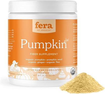 Fera Pet Organics Pumpkin Plus Fiber Supplement for Pets - Vet Created - Dog & Cat Regularity & Gut Function - Organic Pumpkin Seeds, Flax Seeds - 90 Scoops FeraPets