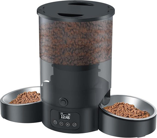 Automatic Cat Feeder for 2 Cats, 3L Cat Food Dispenser SURDY Auto Cat Feeder with 2 Stainless Bowls, 10s Meal Call Dual Power Supply and Timer Setting 12 Portions 6 Meals Per Day for Cats and Dogs - PAWPICO