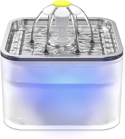 Cat Water Fountain Stainless Steel, 101oz/3L Pet Fountain with LED Light for Cats and Dogs (Clear) - PAWPICO