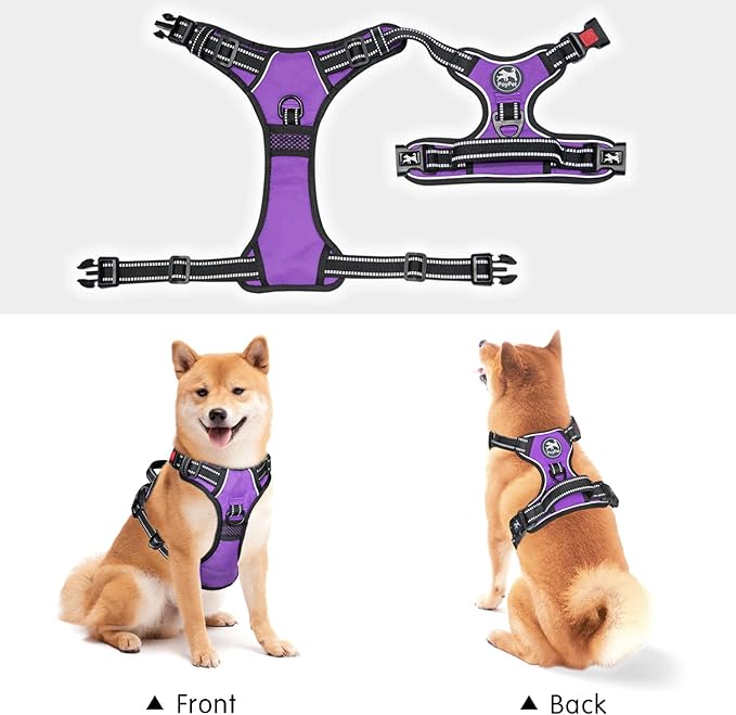 PoyPet No Pull Dog Harness, No Choke Front Lead Dog Reflective Harness, Adjustable Soft Padded Pet Vest with Easy Control Handle for Small to Large Dogs(Purple,S) PoyPet