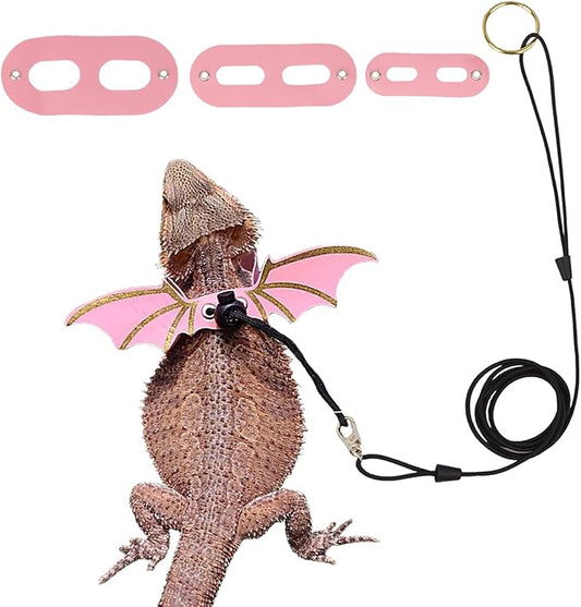 ADOGGYGO Bearded Dragon Leash Harness, 3 Size Pack Pink Leather Wing Lizard Harness with Removable Lizard Leash for Bearded Dragon Lizard Reptiles (Pink) ADOGGYGO