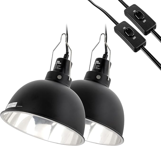2 Pack Reptile Light Fixture, 8.5in Deep Dome Reptile Lamp Fixture, Optical Reflection Cover, Separate Switche & Hook, Terrarium Light Fixture for Reptile Heat Basking UVB Bulbs, 150W, Black CAVACHEWReptileSupplies