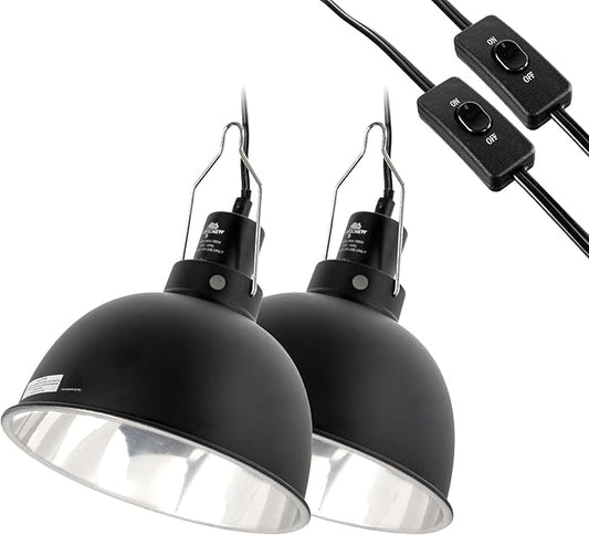 2 Pack Reptile Light Fixture, 8.5in Deep Dome Reptile Lamp Fixture, Optical Reflection Cover, Separate Switche & Hook, Terrarium Light Fixture for Reptile Heat Basking UVB Bulbs, 150W, Black CAVACHEWReptileSupplies