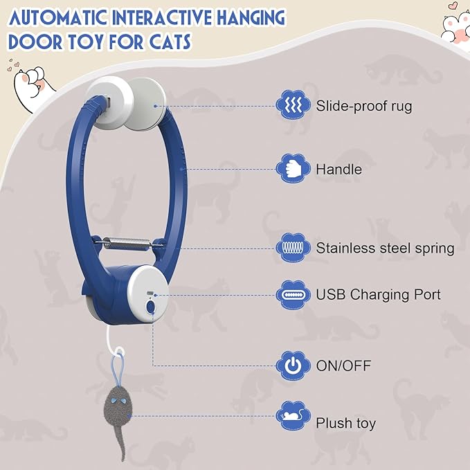 Cat Toy Interactive for Indoor Cats, Smart USB Rechargeable Door Hanging Automatic Retractable Kitten Toys, Teaser Electronic Self Play Feather Cat String Toys Attached with 3 Catnip Mice Blue - PAWPICO