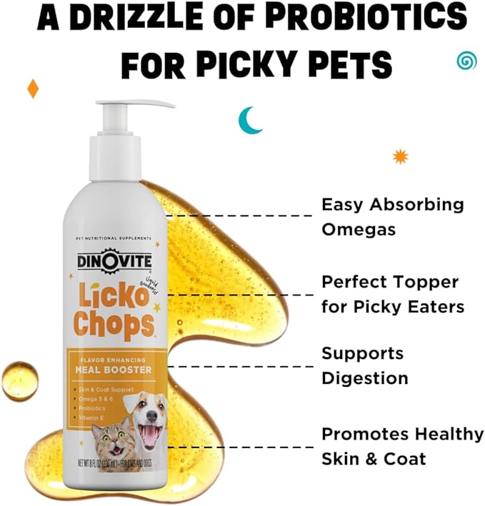 Dinovite Lickochops for Dog & Cat Supplement Enhanced with Omega-6, 3 Fatty Acids, Probiotics and Vitamin E, 16 oz with Pump Dinovite