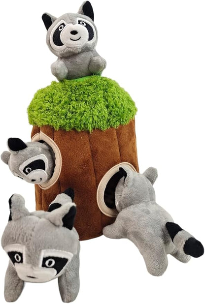 Raccoon in Tree Hide and Seek Dog Toy for Small and Medium Size Dogs, Plush Raccoon Inside Trunk Dog Toy with Squeaker, Interactive Burrow Dog Toy (Tree with Raccoons, Small) - PAWPICO