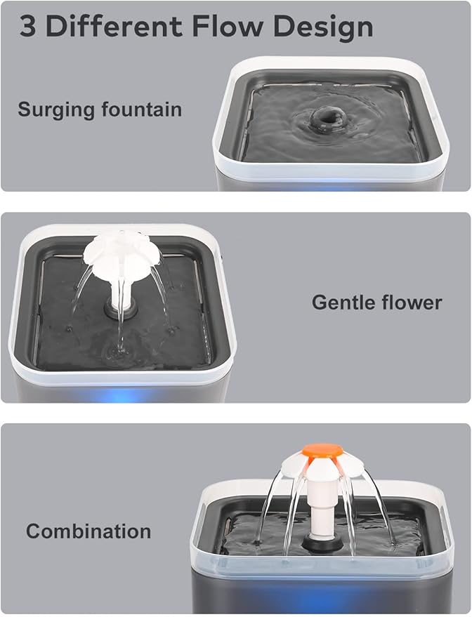 Cat Water Fountain Black Plastic: Cat Fountain Flower - Pet Water Fountain for Cats Indoor - 67oz/2L Small Cat Drinking Fountain with Led Light - Ultra Silent Water Fountain for Cats - AONBOY - PAWPICO